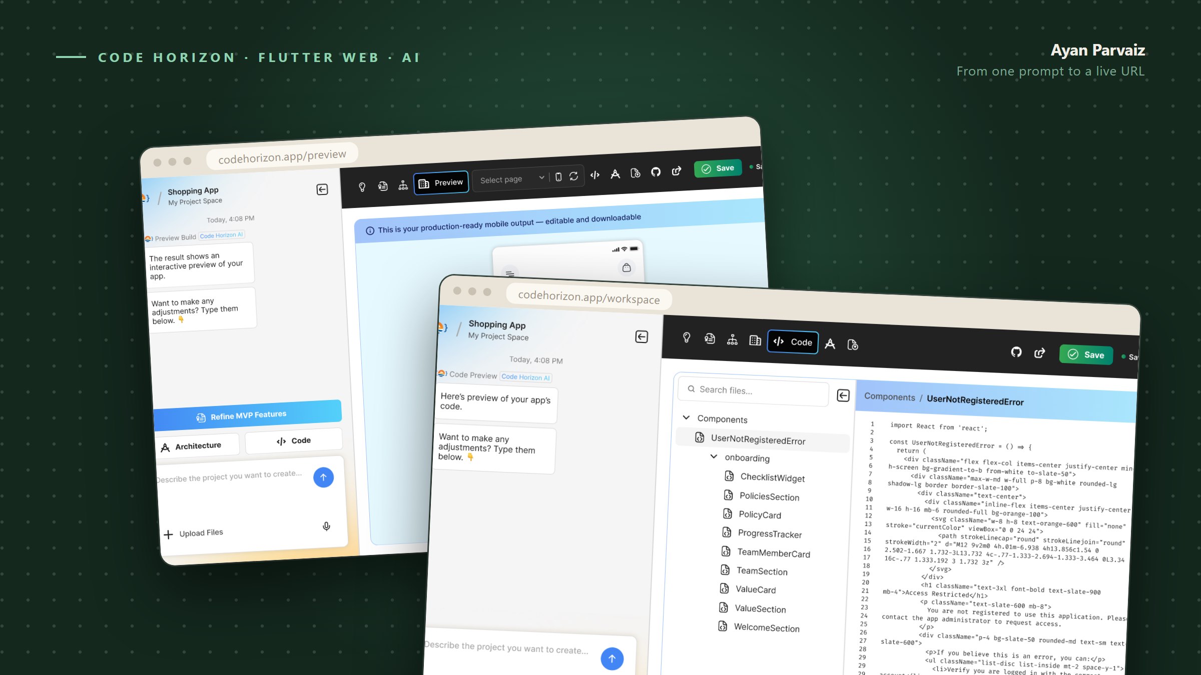 Code Horizon — an AI software platform that turns a prompt into a working, deployed app, built in Flutter web by Ayan Parvaiz