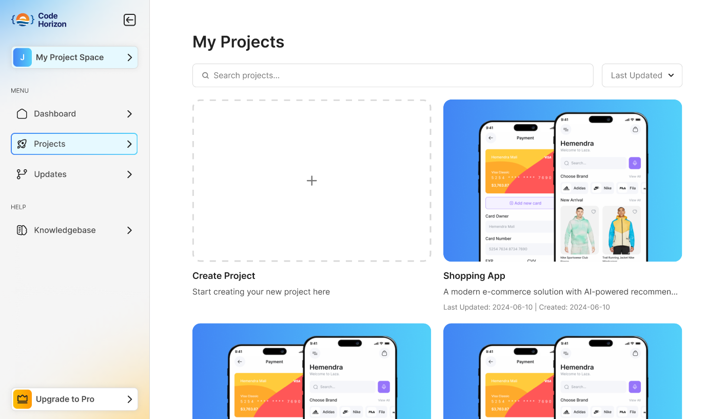 Projects Dashboard — Lotus / Code Horizon, AI Platform built with Flutter Web and Node.js by Ayan Parvaiz