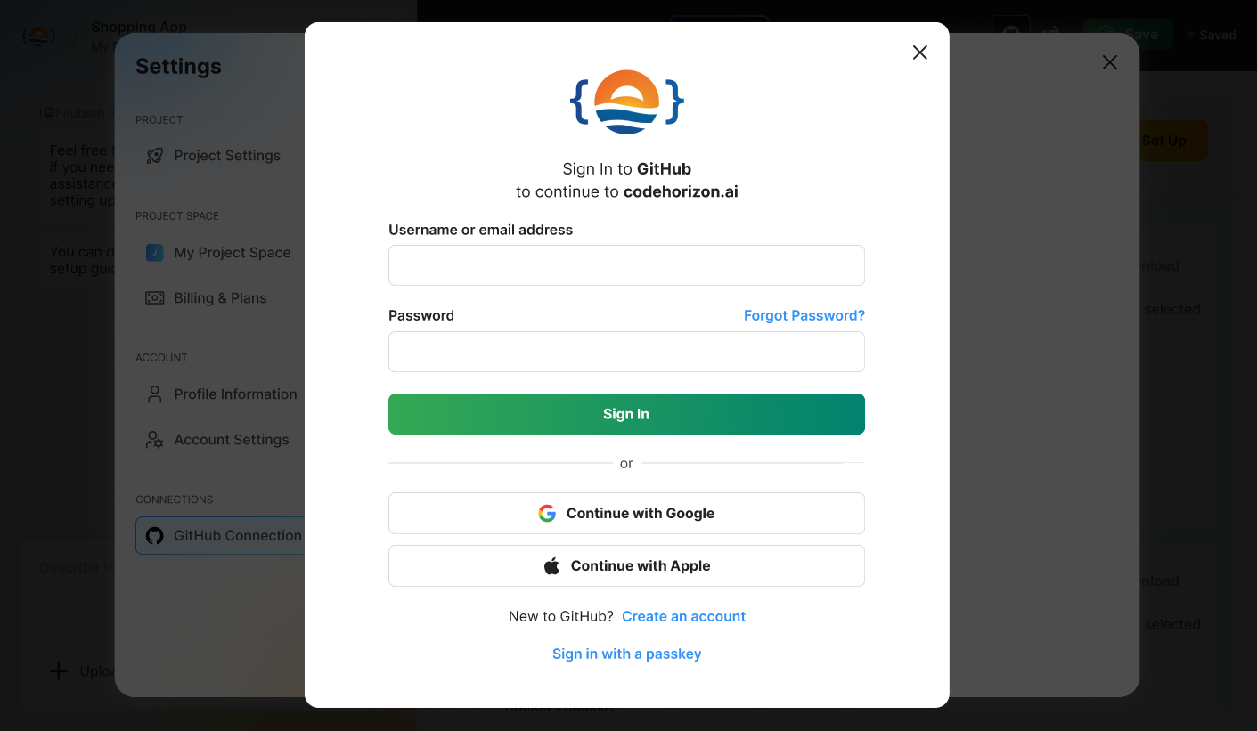 GitHub Sign-in — Lotus / Code Horizon, AI Platform built with Flutter Web and Node.js by Ayan Parvaiz