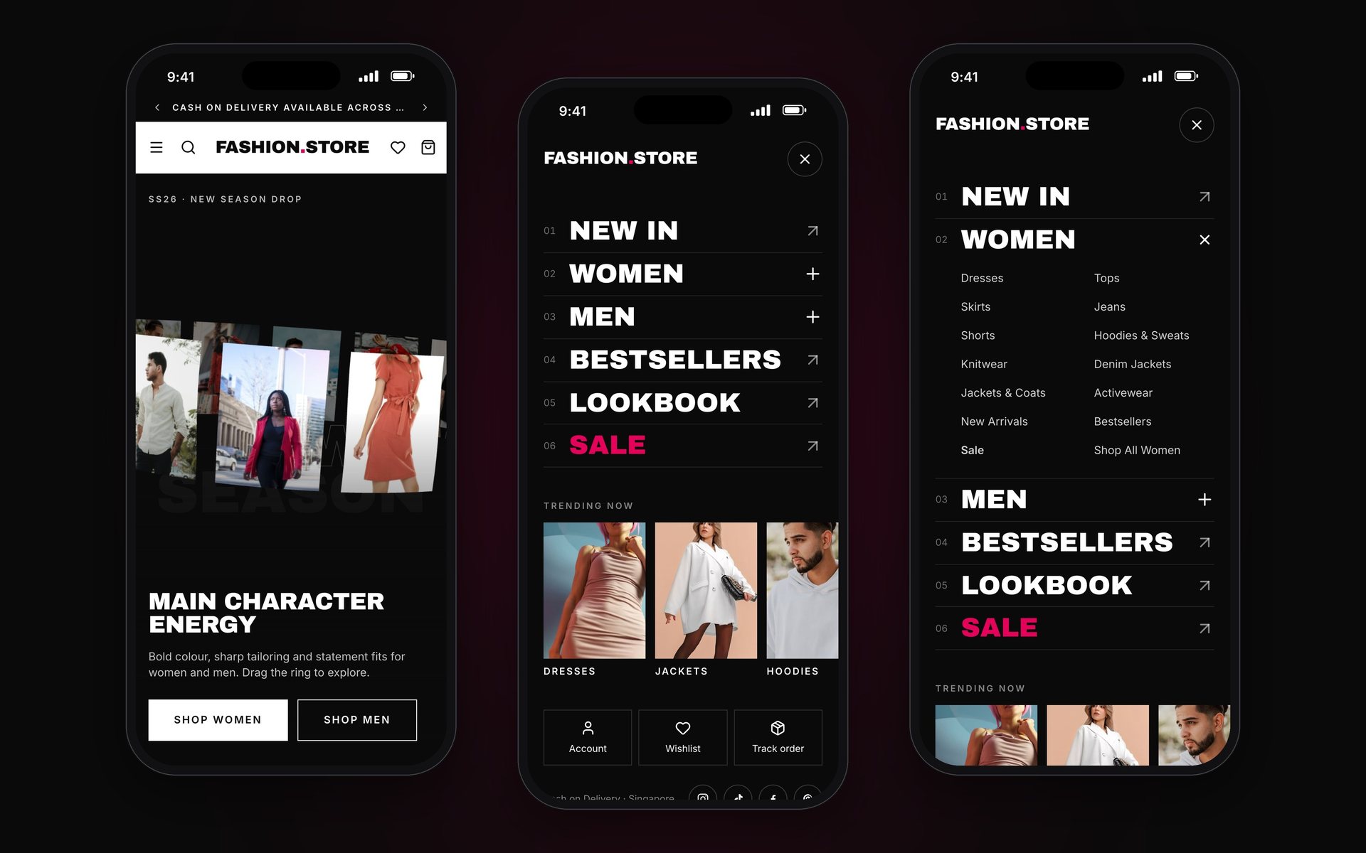 Mobile home and menu — Fashion Store, E-commerce / 3D Web built with Next.js 16 and React 19 by Ayan Parvaiz