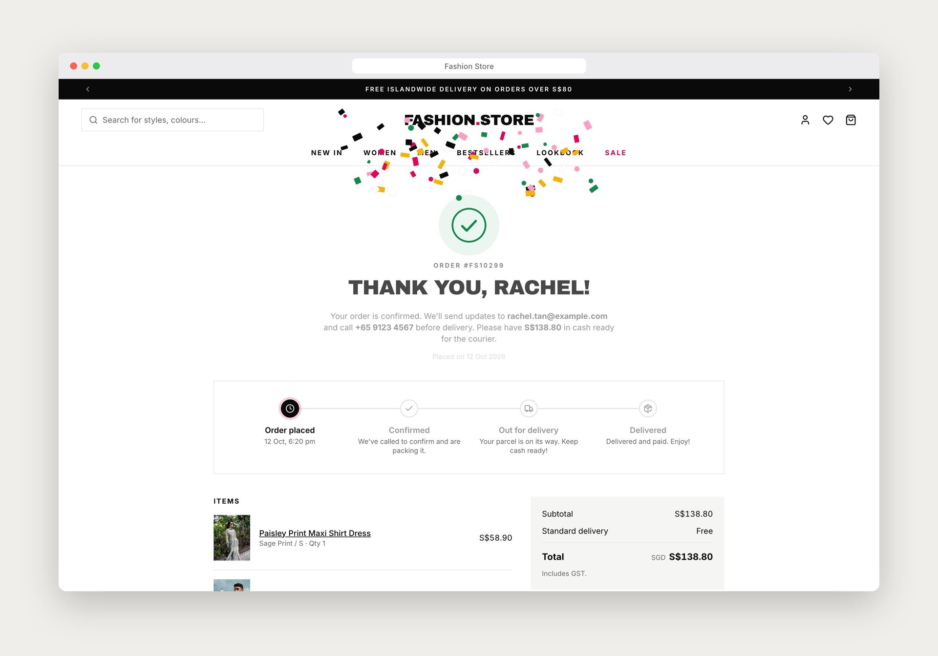 Order confirmation — Fashion Store, E-commerce / 3D Web built with Next.js 16 and React 19 by Ayan Parvaiz