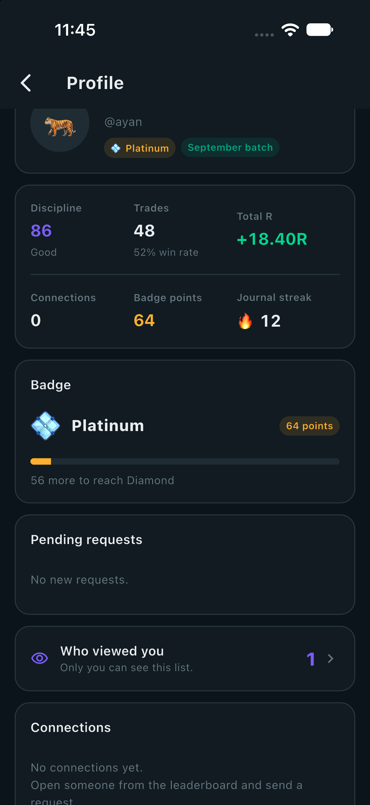 Trader Profile & Badge Ladder — Social Forex, FinTech / Social Learning built with Flutter 3.44 and Dart by Ayan Parvaiz