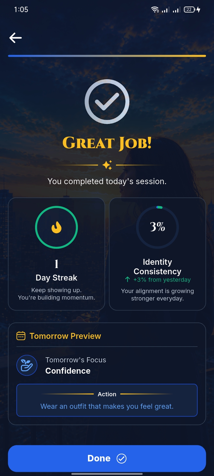 Session Complete & Streak — Your Future Identity, AI Personal Growth built with Flutter and Riverpod by Ayan Parvaiz
