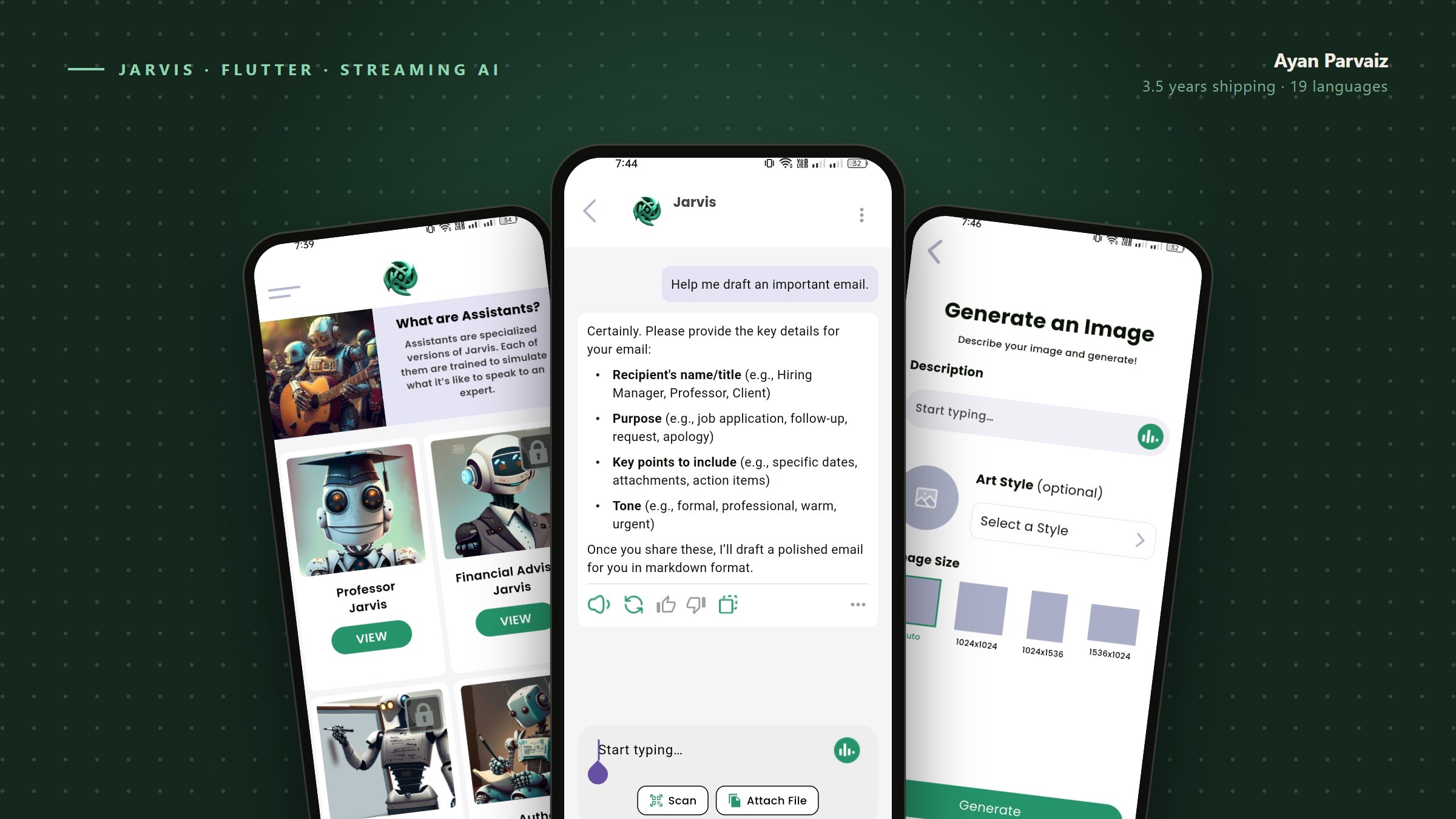 Jarvis on iPhone — the assistant picker, a streaming AI chat and image generation, a Flutter AI app shipping for three and a half years