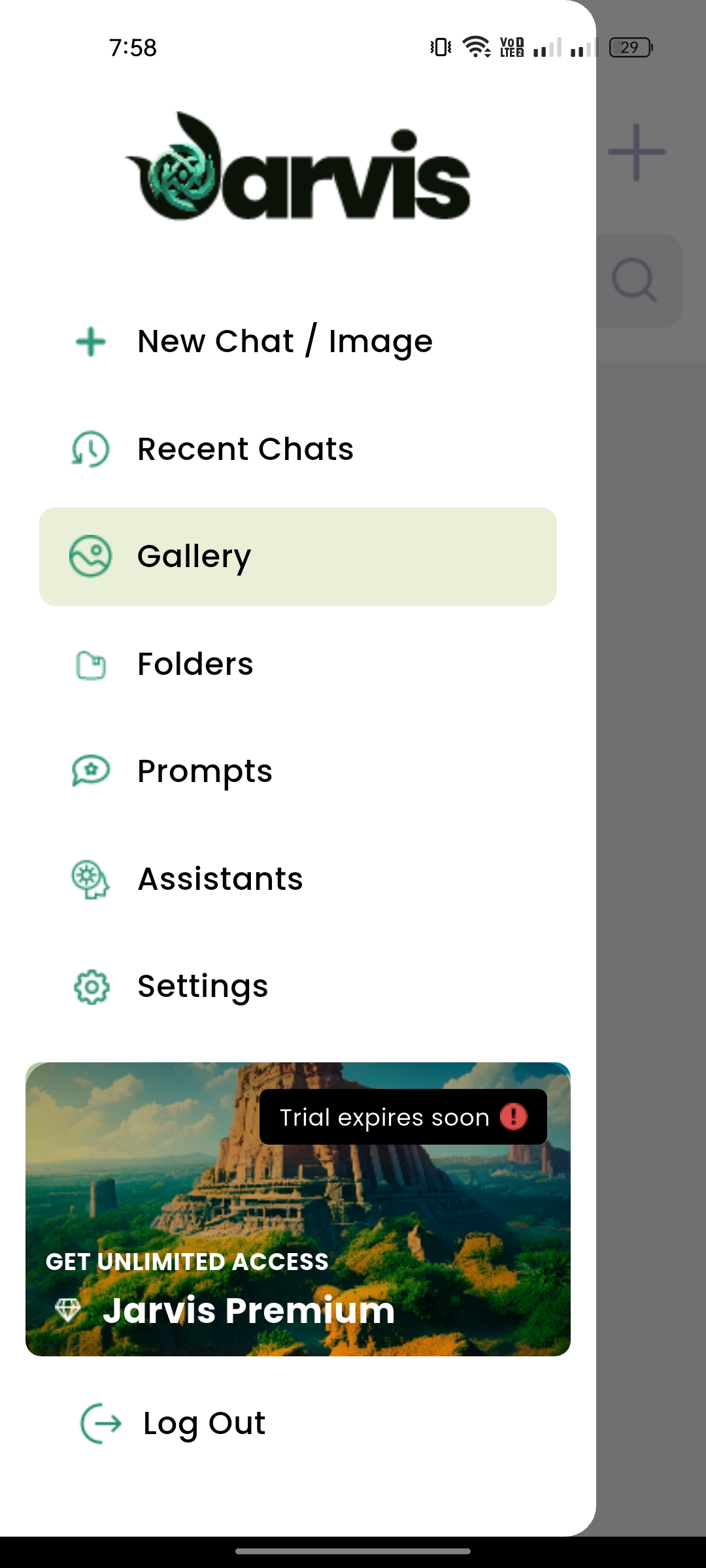 Menu & Premium — Jarvis, AI Mobile App built with Flutter and Node.js by Ayan Parvaiz