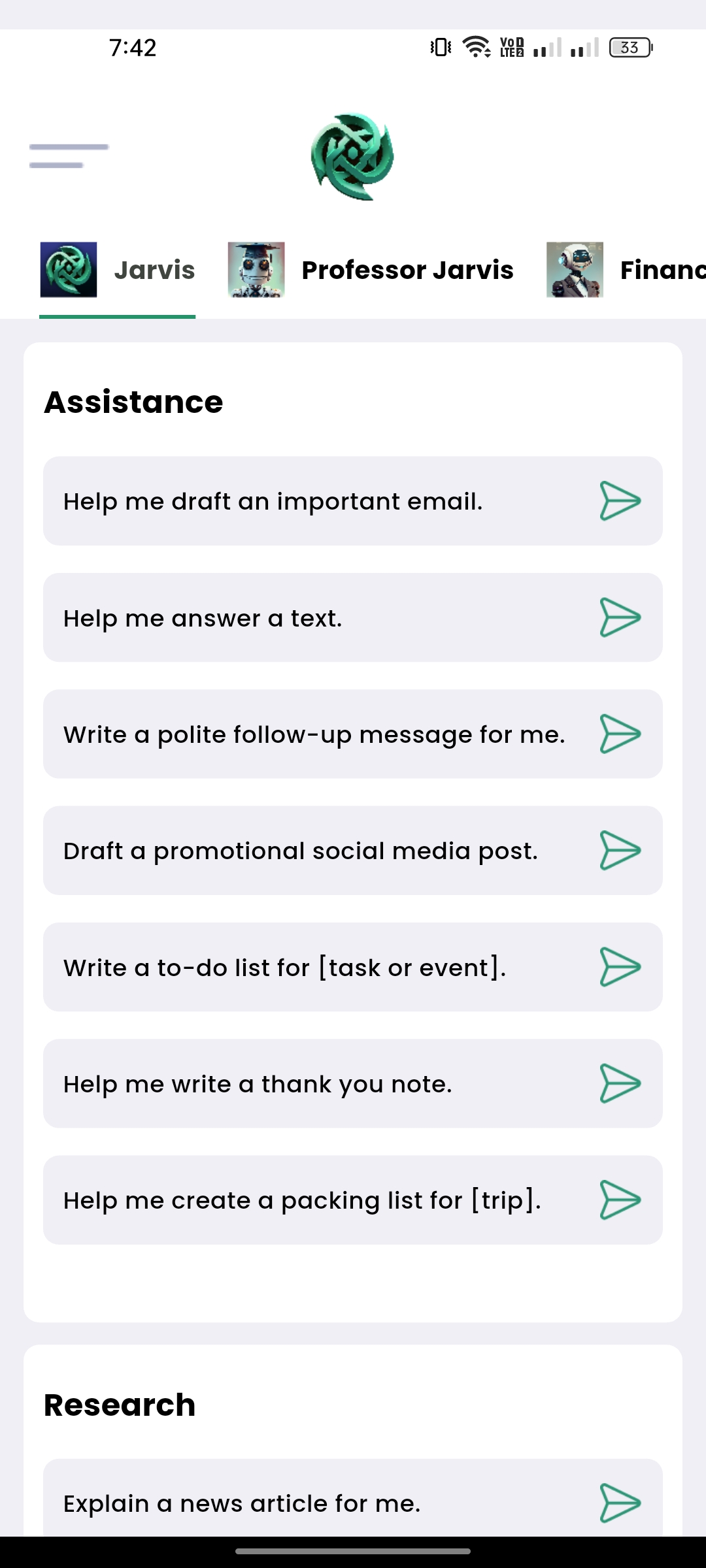 Assistance Prompts — Jarvis, AI Mobile App built with Flutter and Node.js by Ayan Parvaiz