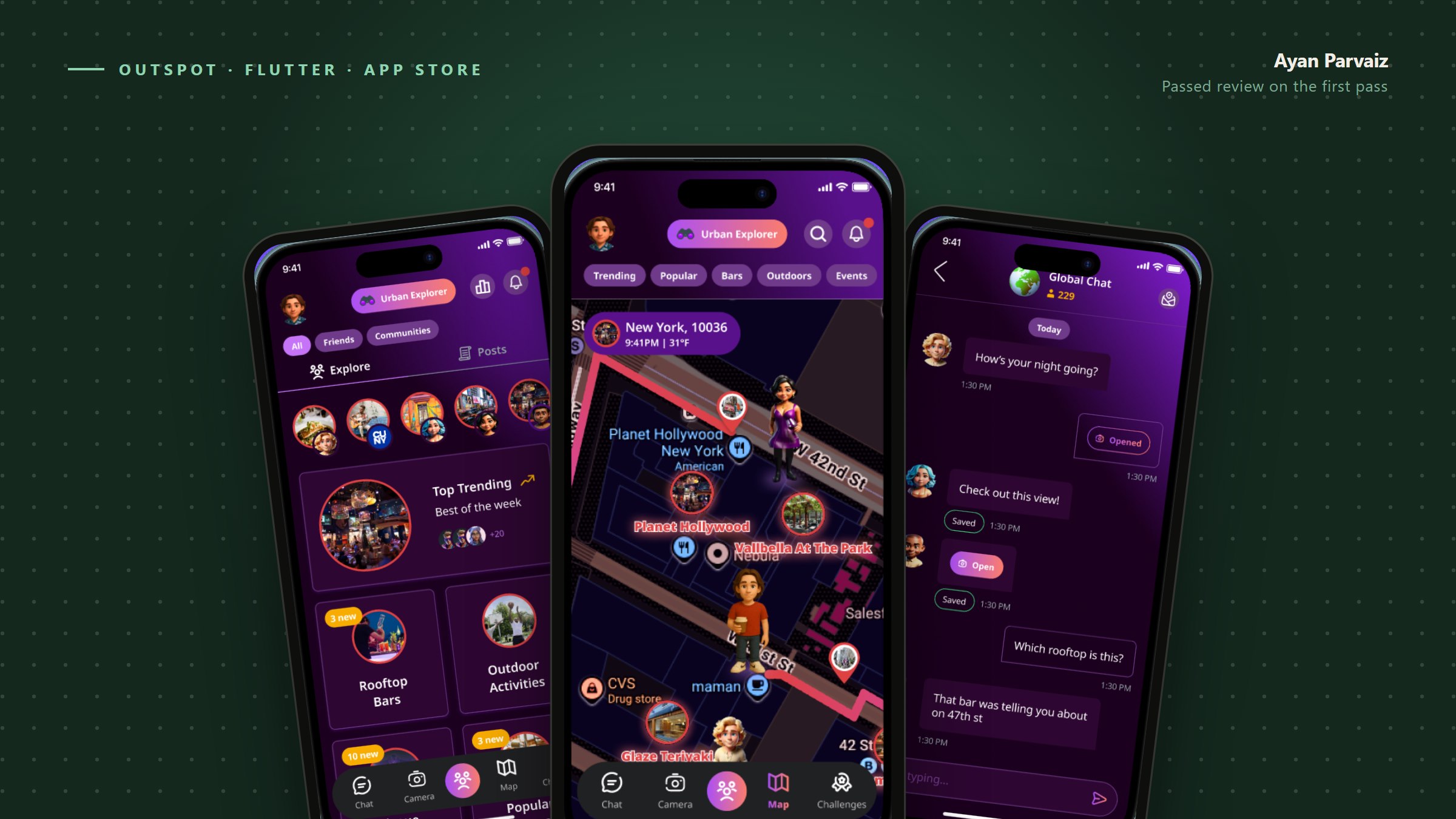 OutSpot on iPhone — the explore feed, the live location map and real-time chat, a Flutter app that passed App Store review on the first pass