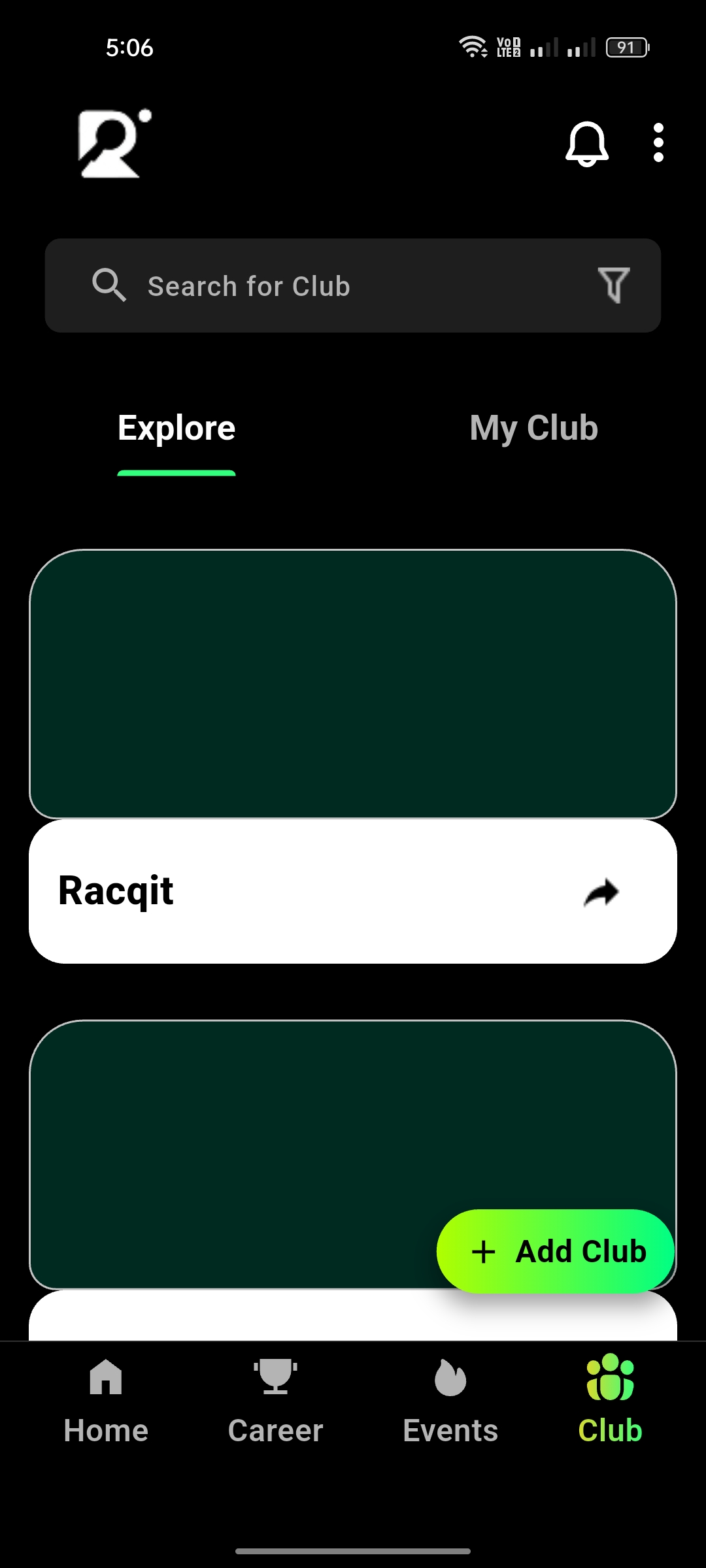 Club Discovery — Racqit, Sports / Social Platform built with Flutter and Dart by Ayan Parvaiz