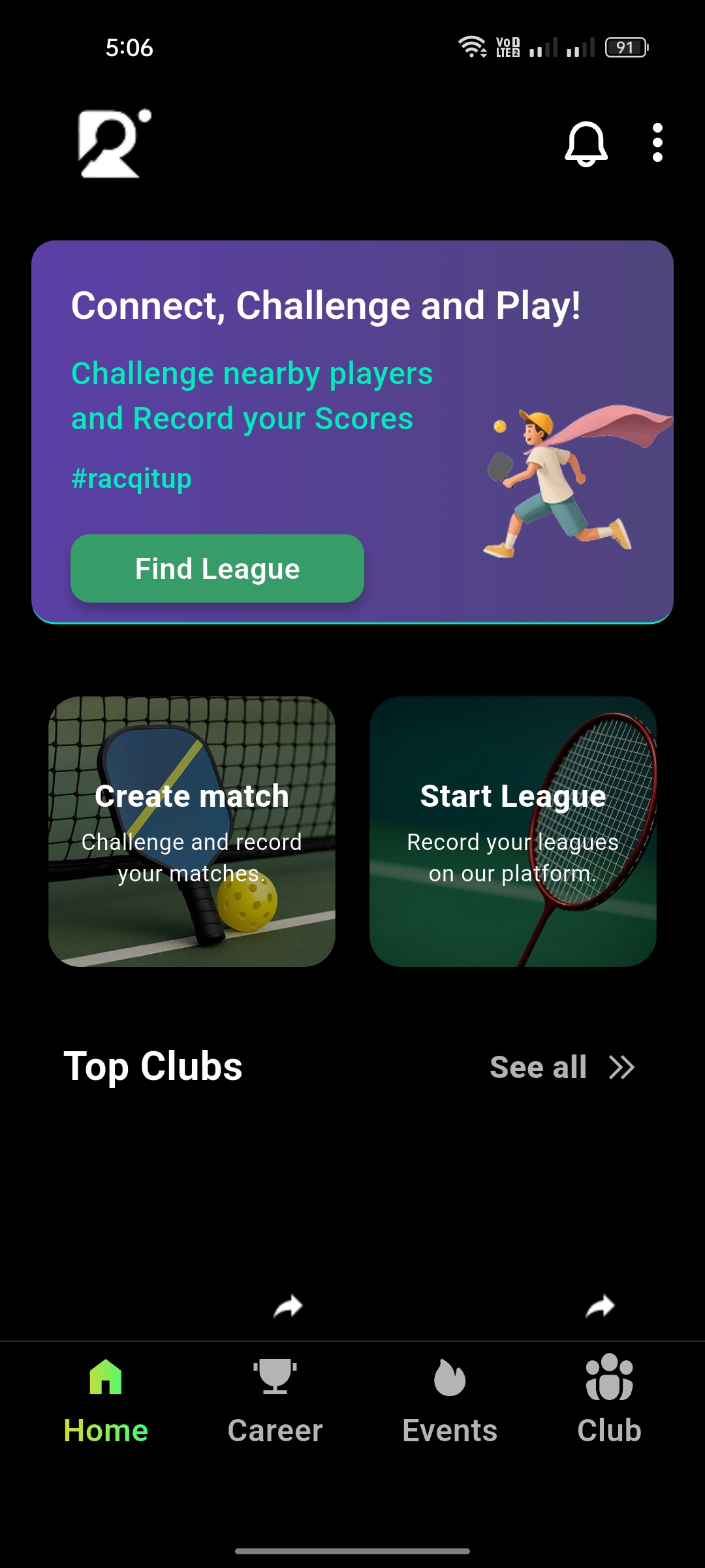 App preview — Racqit, Sports / Social Platform built with Flutter and Dart by Ayan Parvaiz
