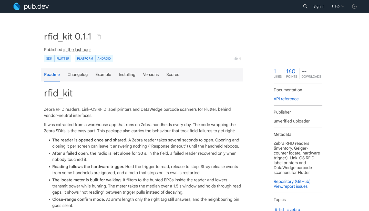 pub.dev package page — rfid_kit: Zebra RFID for Flutter, Open Source / Flutter Plugin built with Flutter and Dart by Ayan Parvaiz