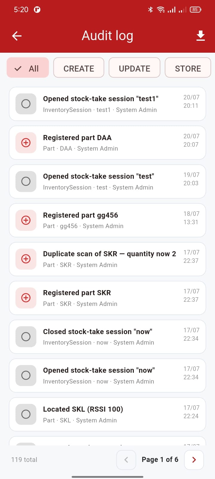 Audit Log — RFID Pallet Search & Locate, Hardware / Warehouse built with Flutter and Kotlin by Ayan Parvaiz
