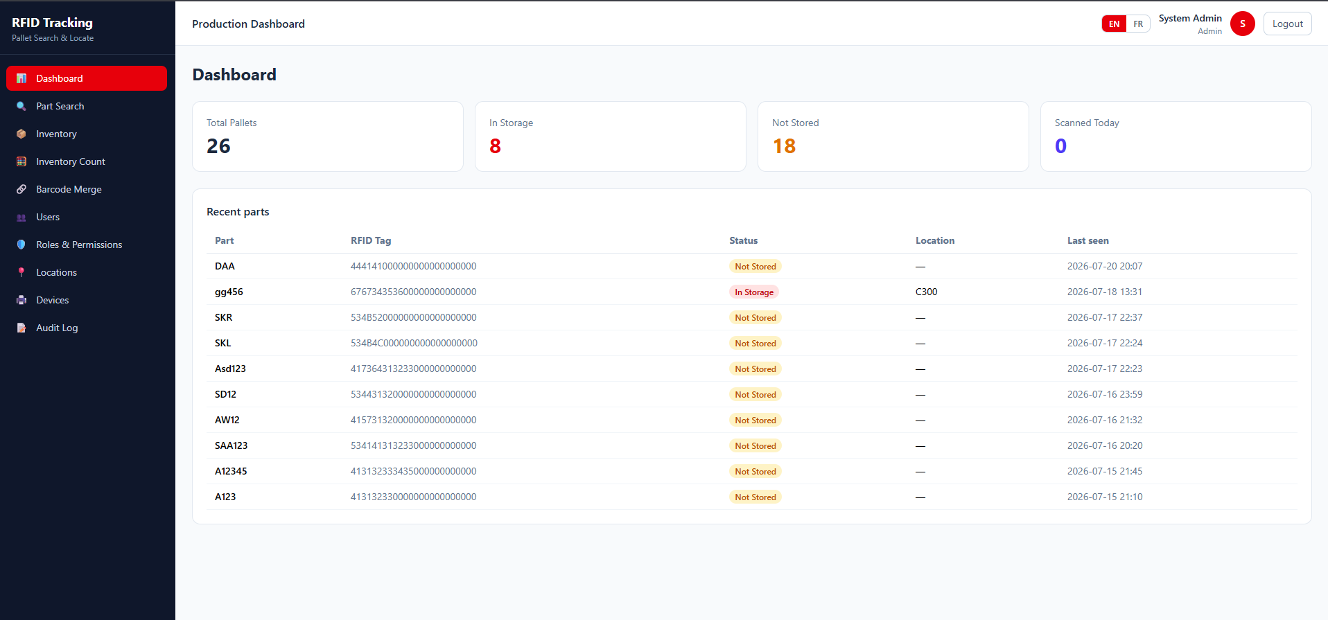 Web dashboard — RFID Pallet Search & Locate, Hardware / Warehouse built with Flutter and Kotlin by Ayan Parvaiz