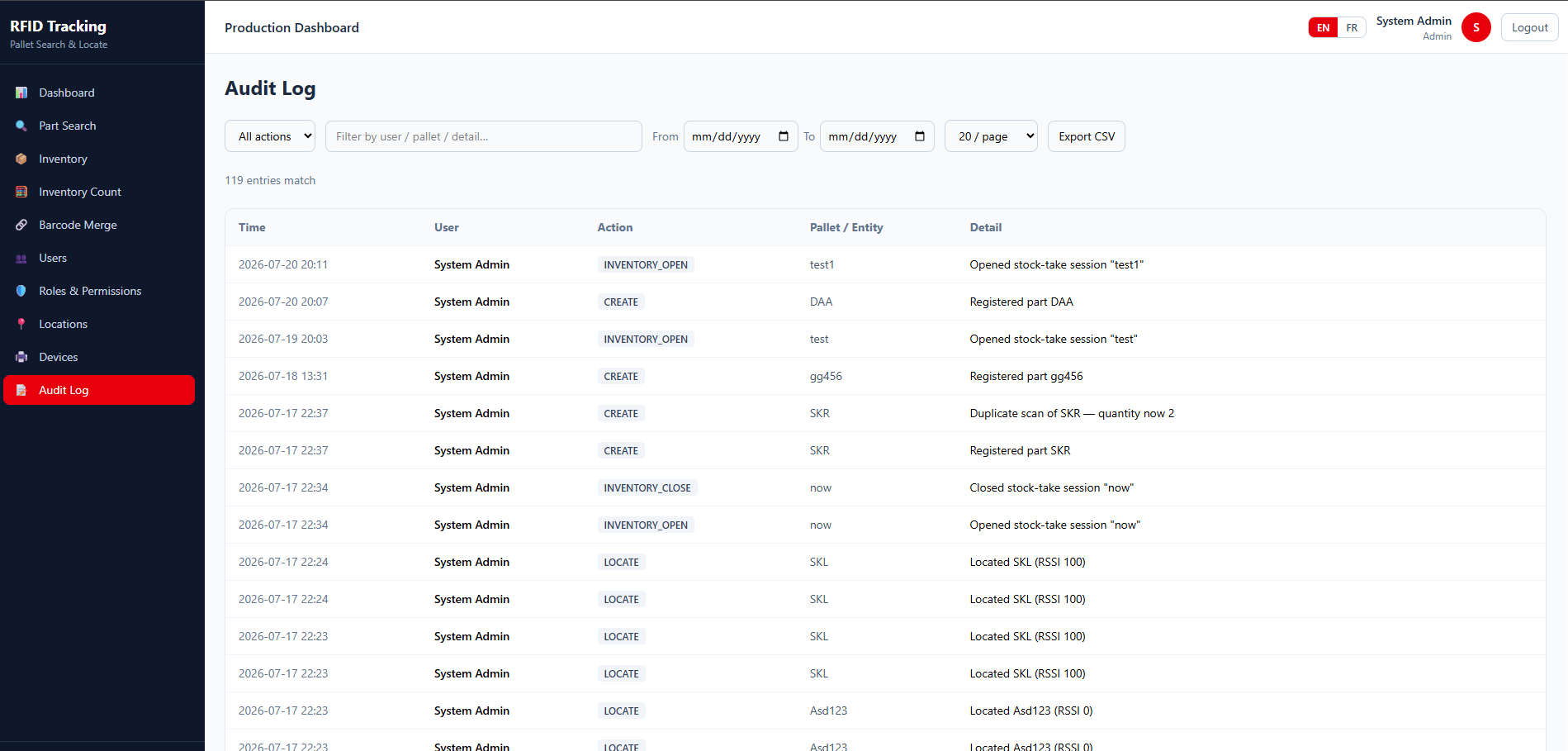 Audit Log (web) — RFID Pallet Search & Locate, Hardware / Warehouse built with Flutter and Kotlin by Ayan Parvaiz